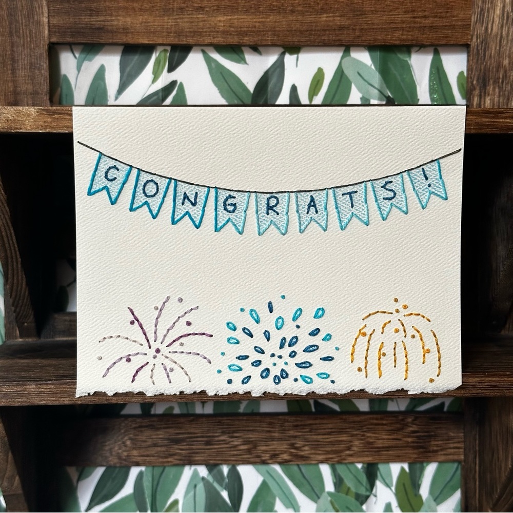 Hand-Embroidered Celebratory Card - Congratulations Banner and Fireworks
